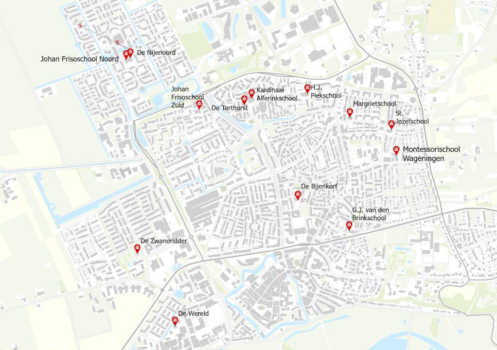 kaart van Wageningen met alle 12 basisscholen aangegeven